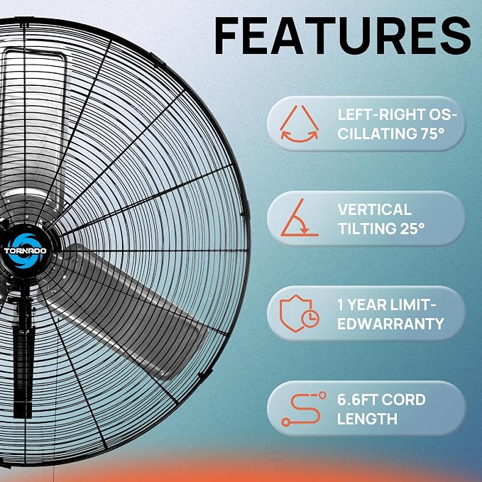 Tornado Pro Series 30 Inch High Velocity Wall Mount Fan, Oscillating Industrial & Commercial Fan, 2-Speed, 8400 CFM, 1100 RPM, 1/3 HP, 6.6 FT Cord, UL Safety Listed