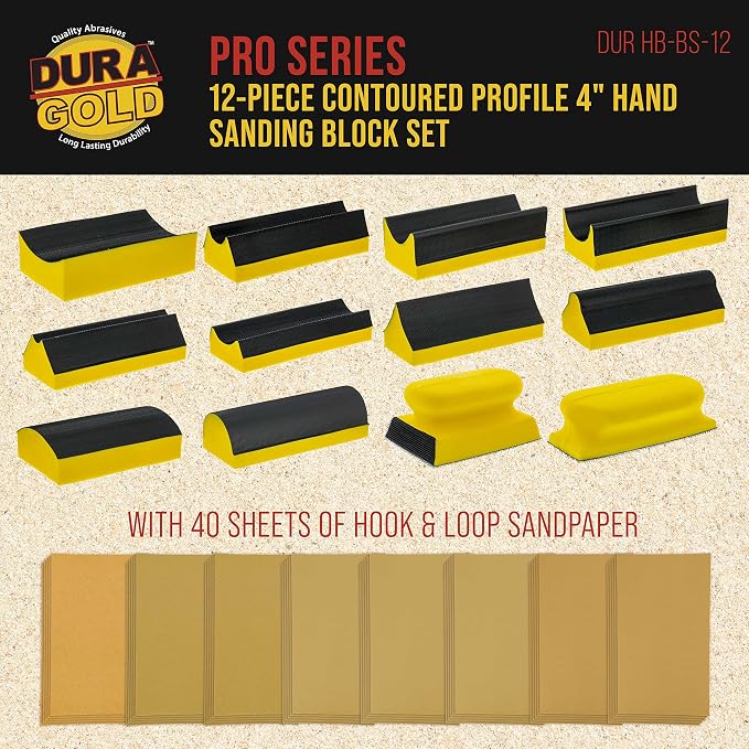 Dura-Gold 12-Piece Contoured Profile 4" Hand Sanding Block Set with 40 Sheet Hook & Loop Sandpaper Kit - Interchangeable Assorted Convex & Concave Shapes - Sand Wood Woodworking Furniture, Auto Paint