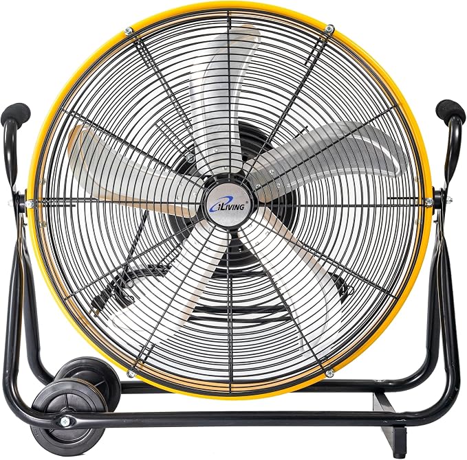 iLiving 24 Inch 3-Speed Orbital Internal Oscillating High Velocity Barrel Floor Fan for Office, Auto Shop, Garage, Workshop, Warehouse, 7800 CFM, Yellow