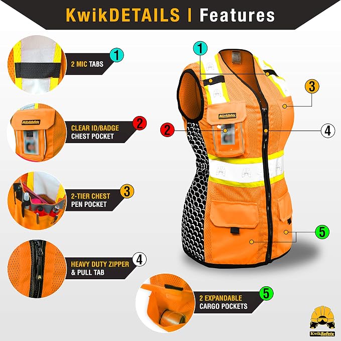 KwikSafety QUEEN BEE Safety Vest for Women [Orange, Large] + TORTOISE Full Brim Hard Hat Bundle