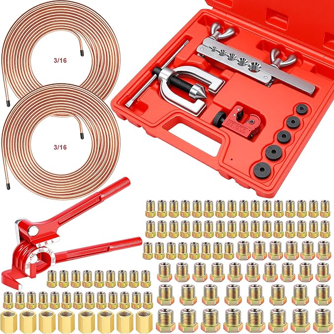 smseace 112Pack 3/16 Inch Brake Line Flaring Tool Kit Include 25 FT Copper-Plated Brake Line Kit with 94pcs Fittings,8pcs Union,Tubing Bender,Double & Single Flare Tool,Cutter