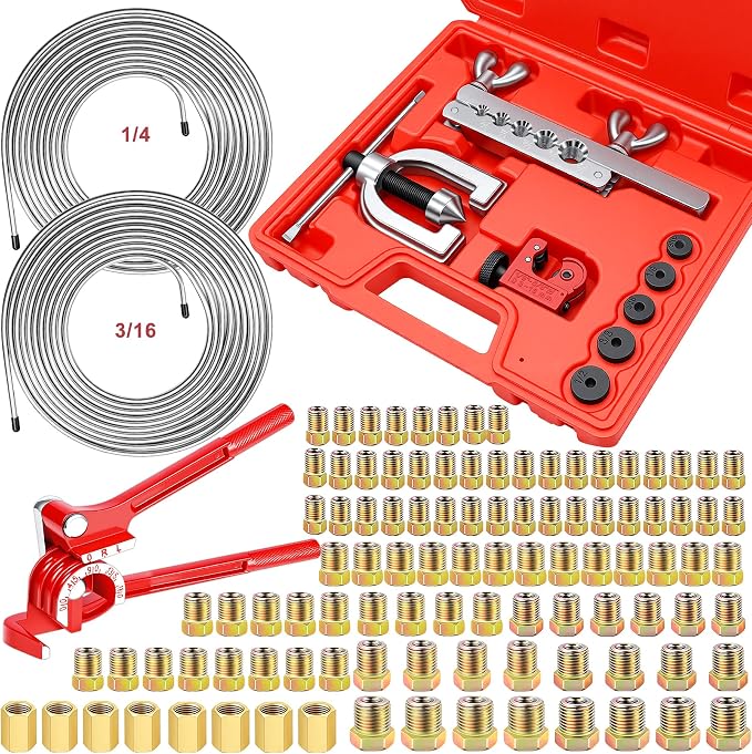 smseace 112Pack 3/16 Inch+1/4 Inch Brake Line Flaring Tool Kit Include 25 FT Zinc-Plated Brake Line Kit with 94pcs Fittings,8pcs Union,Tubing Bender,Double & Single Flare Tool,Cutter
