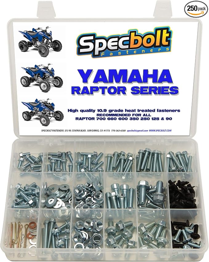 250pc Specbolt Yamaha Raptor 600 660 700 Bolt Kit for Maintenance & Restoration OEM Spec Fasteners ATV Quad Also Good for 80 90 125 250 350
