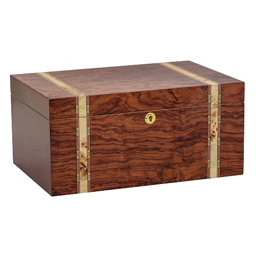 Desktop Cigar Handcrafted Bubinga Wood Mapa Burl Decorative Wood Inlay Glass Hygrometer Lock & Key Spanish Cedar Lined, Holds 75-140 Cigars (Zurich)
