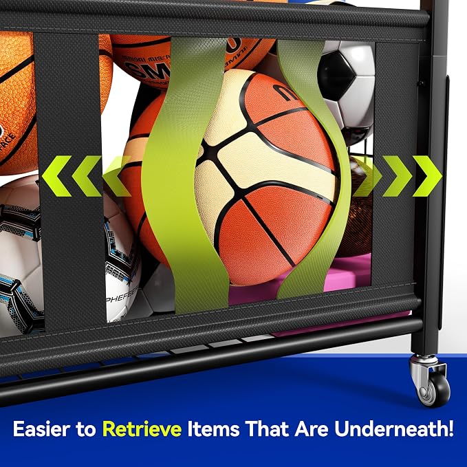 Sports Equipment Organizer, Large Capacity Garage Ball Storage Rack with Wheels, Heavy-Duty Rolling Ball Cart for Basketball, Soccer & Sports Gear