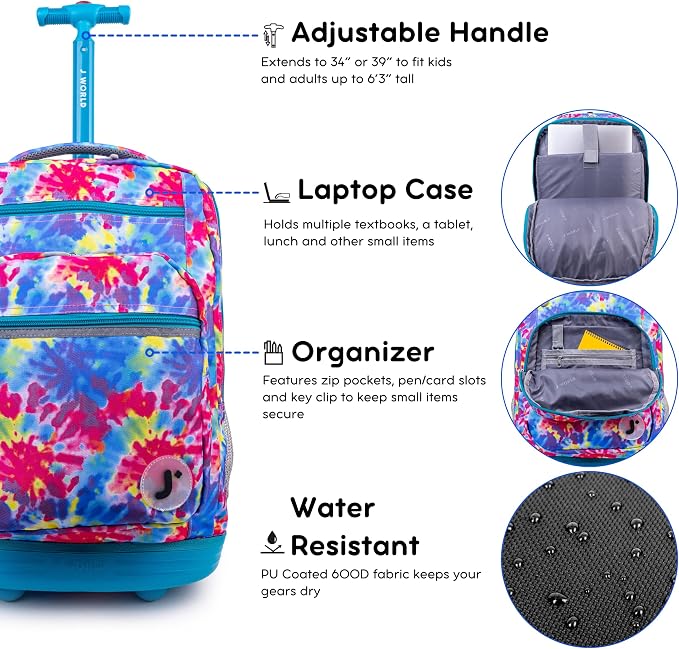 J World Sundance Laptop Rolling Backpack for Girls Boys. Roller Bookbag with Wheels, 20 Inch, Tie Dye