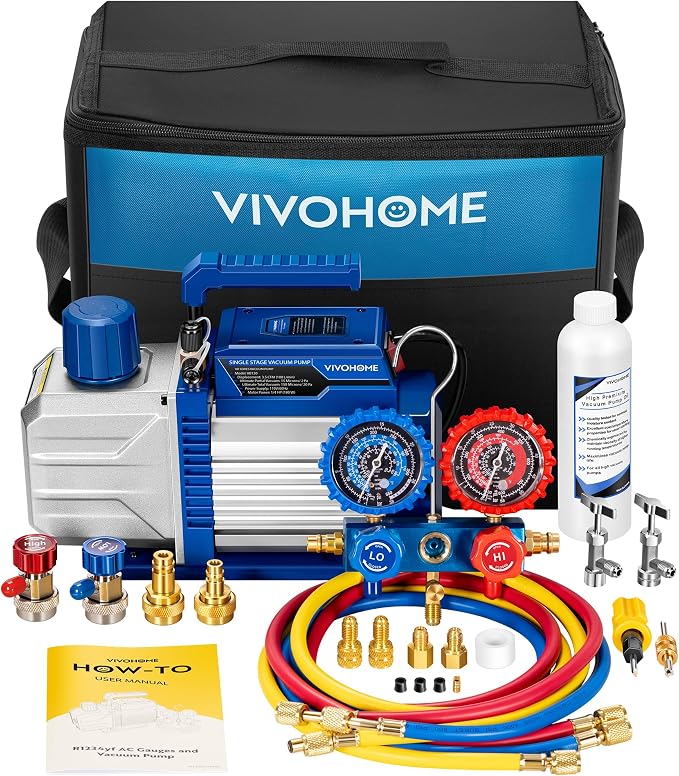 VIVOHOME 110V 1/4 HP 3.5CFM Single Stage HVAC Vacuum Pump and AC Manifold Gauge Kit, Sparkless Motor for R32 R1234yf R454B R134a R22 R410a Systems, Automotive Air Conditioner Maintenance