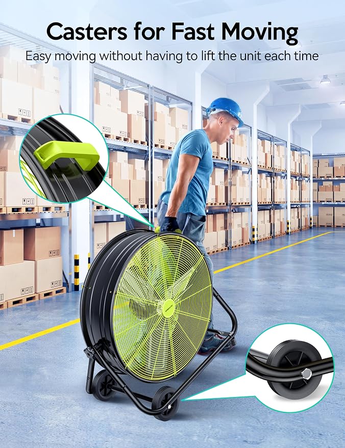 VAGKRI 24 Inch Industrial Drum Fan, 320W High Velocity Floor Fan, 3 Speed Heavy Duty Metal Air Circulator, 360° Tilt with Casters Handle ETL Standard for Patios, Warehouse, Commercial,Basement (Green)