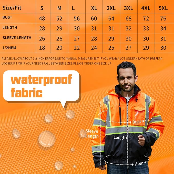 sesafety Reflective Jacket for Men, High Visibility Jackets, Safety Jackets for Men, Hi Vis Construction Bomber Jackets Waterproof with Pockets and Zipper, Black Bottom, Class 3