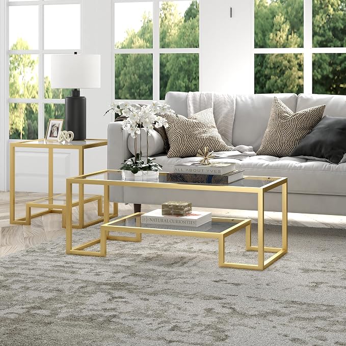 Henn&Hart 45" Rectangular Coffee Table with Glass Top and Raised Lower Shelf for Living Room, Family Room, or Office, Gold