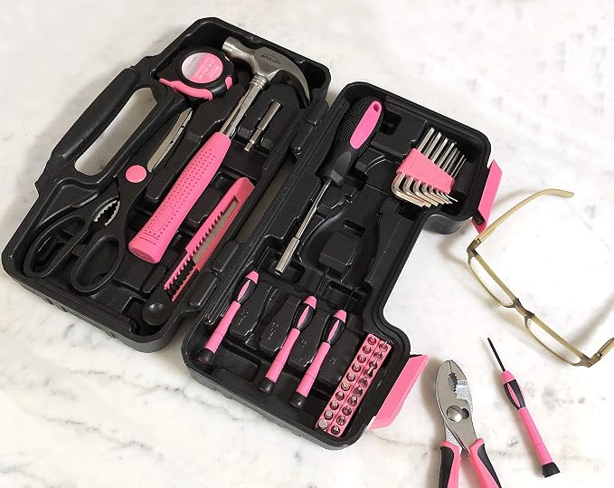 Apollo Tools Original 39 Piece General Household Tool Set in Toolbox Storage Case with Essential Hand Tools for Everyday Home Repairs, DIY and Crafts - Pink Ribbon - DT9706P