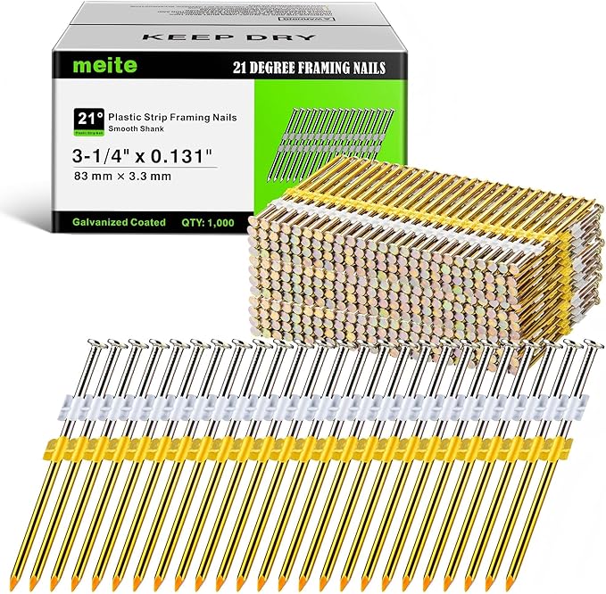 meite 21 Degree Framing Nails 3-1/4 Inch Galvanized Plastic Collated Framing Nails, Full Round Head Smooth Shank Structural Nails for 20°-22° Framing Nailer Gun Roof Decking Sheathing 1,000PCS | Full Round Head Smooth Shank Framing Nails, for 20-22° Pn...