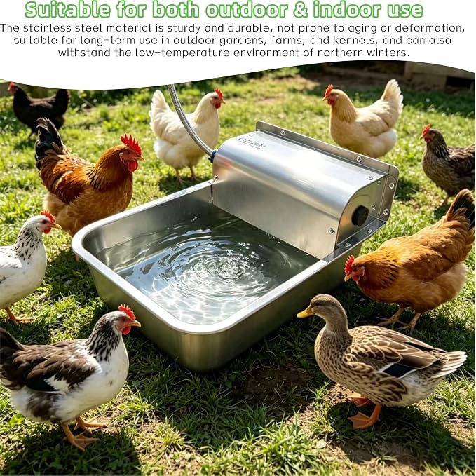 304 Stainless Steel Automatic Dog Waterer - 11L Large Capacity Pet Water Dispenser with 3/4" Brass Adapter & Drain Hole, Anti-Leak Design for Dogs, Cats, Alpacas & Livestock, Outdoor Farm Use