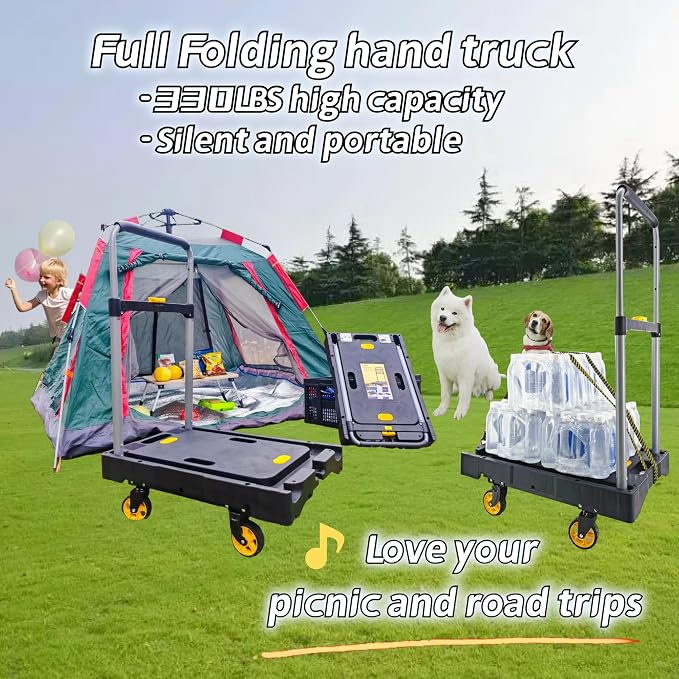 Platform Truck Folding Hand Truck 300 LB Heavy Duty Utility Dolly Flatbed Luggage Push Cart Fully Folded Compact Cart, Portable Trolley with 1 Elastic Ropes, Easy Storage & Lightweight for Moving
