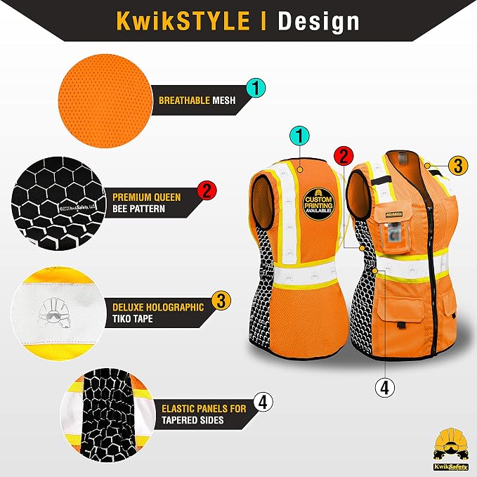 KwikSafety QUEEN BEE Safety Vest for Women [Orange, XL] + TORTOISE Full Brim Hard Hat Bundle
