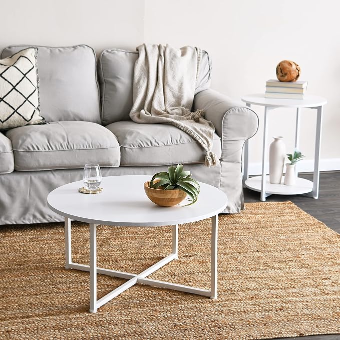 Household Essentials Round Side End Table with Storage Shelf in Scandinavian Wood Grain and Metal Frame, White