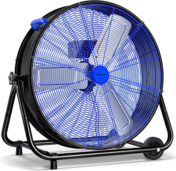 VAGKRI 24 Inch Industrial Drum Fan, 320W High Velocity Floor Fan, 3 Speed Heavy Duty Metal Air Circulator, 360° Tilt with Casters Handle ETL Standard for Patios, Warehouse, Basement,Commercial,(Blue)