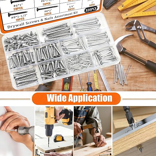 Dianrui Nails & Wood Screws Assortment Kit, 320 PCS #6#8 Philips Drywall Screws Set and High Hardness Hardware Small Nails for Picture Hanging/DIY Repair Project Length 1/2" to 2"