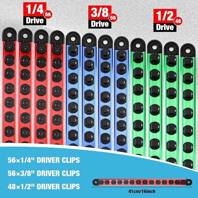Ceenna 12 Piece Magnetic Socket Organizer Set, Heavy Duty Socket Holder, Sockets Rack Kit with 1/4-inch x 14 Clips, 3/8-inch x 14 Clips, 1/2-inch x 12 Clip, Gift for Men, Red, Blue and Green