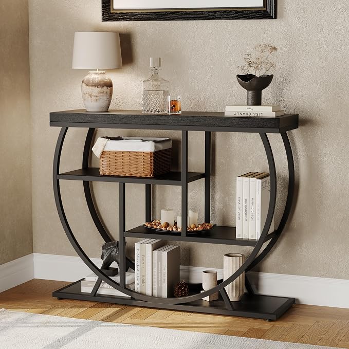 Garvee Entryway Table with Storage, Industrial 4-Tier Narrow Console Table Behind Couch with Half-Circle Base & Storage Shelves for Living Room, Hallway, Foyer