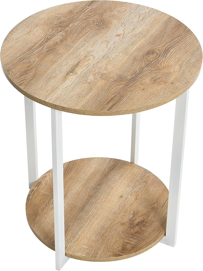 Household Essentials Jamestown Round Side End Table with Storage Shelf Coastal Oak Rustic Wood Grain and White Metal