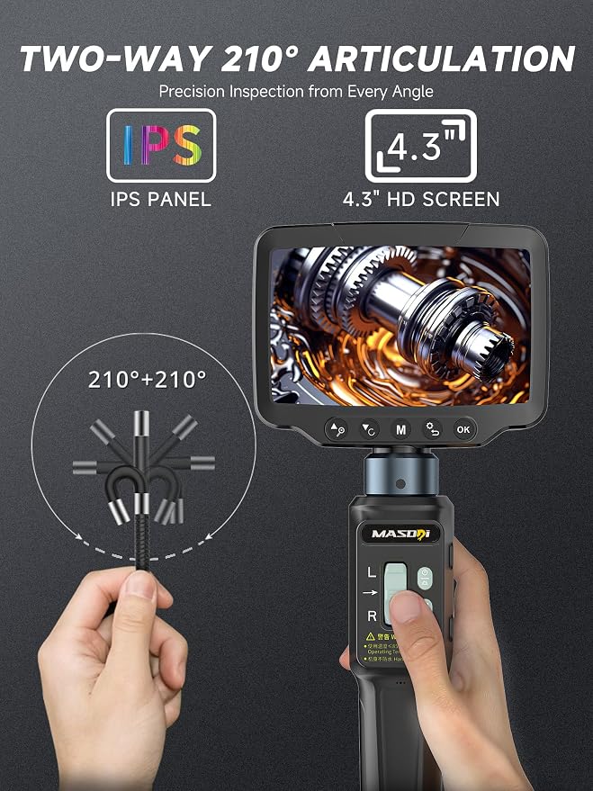 Two-Way 210° Articulating Borescope, Steering Snake Inspection Endoscope with 4.3in HD IPS Screen,6 LED Lights, IP67 Waterproof Endoscope for Mechanics A/C Wall Pipe Inspection - 3.28FT