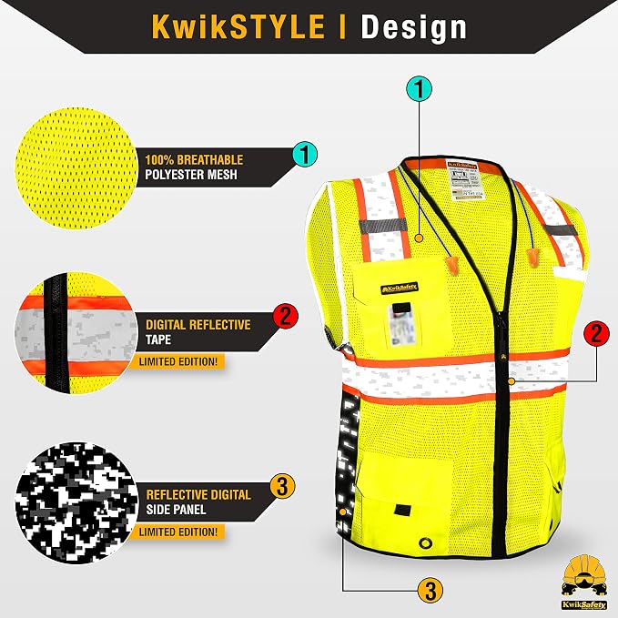 KwikSafety BIG KAHUNA DIGITAL Safety Vest [Yellow, 3XL] + TORTOISE Full Brim Hard Hat Bundle