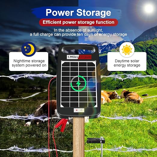 5 Miles Solar Powered Electric Fence Charger – 0.11J Output, 24/7 Day/Night Protection, Portable Fence Energizer for Dogs, Chickens, Garden & Livestock, Rechargeable Solar Panel, Rugged & Waterproof