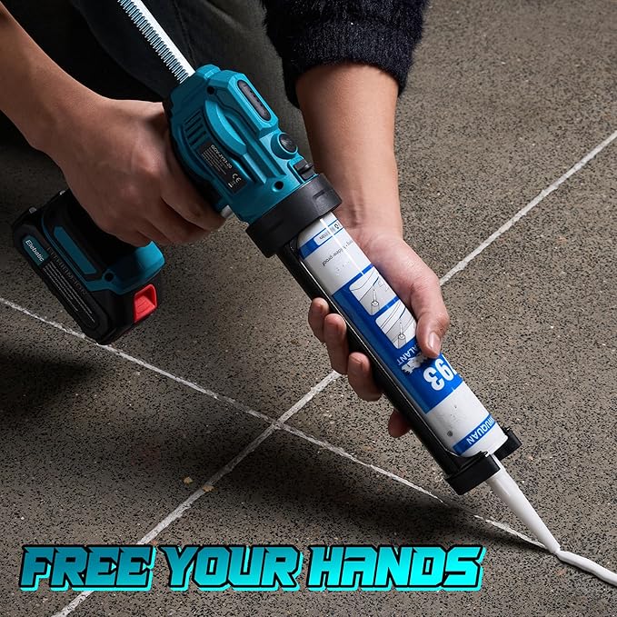 Electric Caulking Gun Cordless with 21V 2 * 2000mAh Rechargeable Batteries, 4 Adjustable Speeds up to 190 mm/min, 450LM built-in LED Light, 9 Pcs Silicone Caulking Tools set for Filling, Sealing