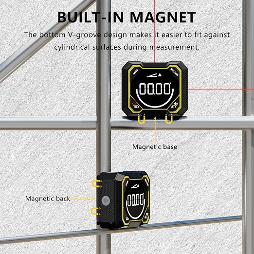 Digital Angle Finder with Laser, Magnetic Inclinometer, USB Rechargeable | 4x90° angle measurement with backlit LCD, auto-rotating display and magnetic base for woodworking, construction and DIY.