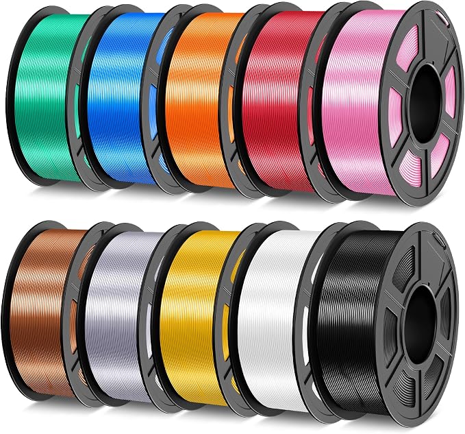TECBEARS Silk Filament Bundle, 10KG Shiny Silk PLA Filament with Smooth Silky Surface, Pack of 10, Light Gold+Sliver+Black+White+Red Copper+Pink+Red+Blue+Green+Orange