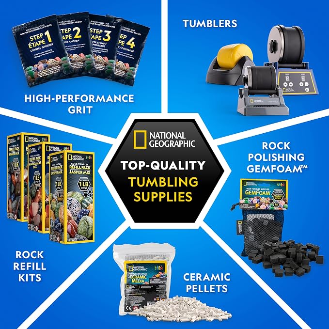 NATIONAL GEOGRAPHIC Rock Tumbler Grit & Media Refill Kit – Rock Polishing Supplies Kit, 4-Stage Silicon Carbide Bulk Grit, 1.5 Pounds of Ceramic Pellets, Stone Tumbling & GemFoam Polishing Media