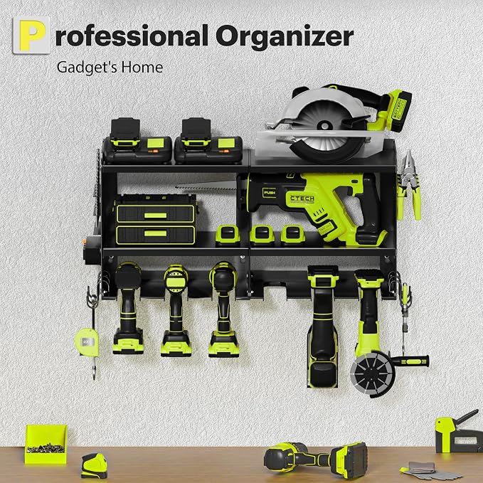 Spampur Fathers Day Gift,Power Tool Organizer Wall Mount with Charging Station, 3 Layer Heavy Duty Metal Tool Storage Rack Loads 420lbs with 6 Cordless Drill Holder, Garage Workshop