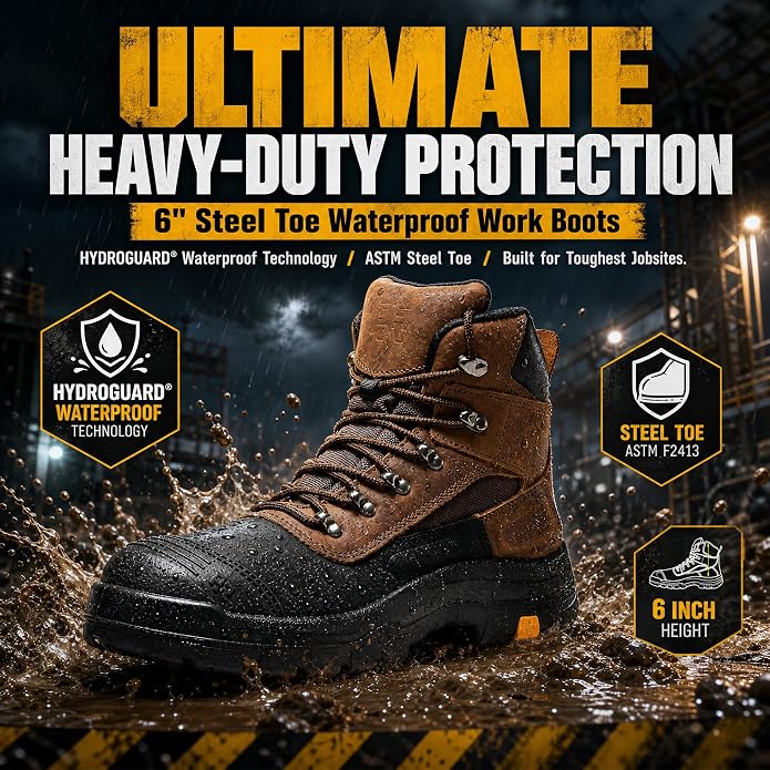 ROCKROOSTER Sedona - Men's Waterproof Puncture Resistant Work Boots, 6" Lace Up Steel Toe ASTM Safety Boots AK216