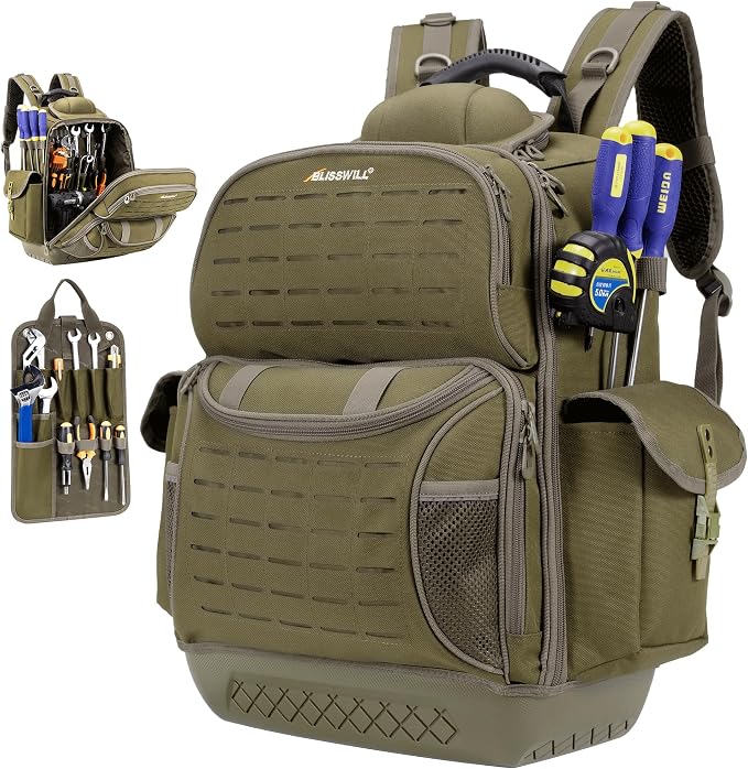 BLISSWILL Tool Bag Backpack for men,Heavy Duty Tool Backpack Bag with Waterproof Molded Base，62 Pockets/40 Loops Heavy Duty Tools Organizer Bags/Electrician/Industrial/Construction Work Backpack
