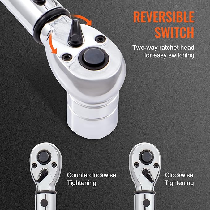 VEVOR 1/2-inch Drive Click Torque Wrench, 10-150ft.lb/14-204n.m Mechanical Dual Range Scales, Dual-Direction Adjustable with Adapters Extension Rod