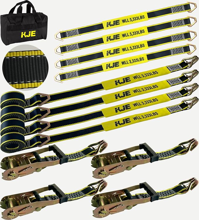 KJE Heavy Duty Car Trailer Tie Down Straps with Reflective - (4) 2" x 10' Ratchet Straps + J-Hooks with Clip, (4) Axle Straps 2" x 36'' - 10,000lbs Break Strength - Use for Car, Truck, UTV Transport