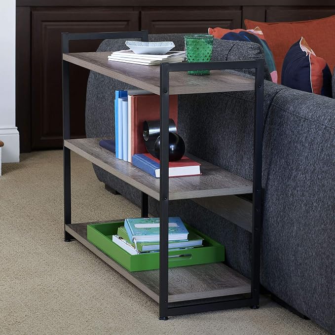 Household Essentials Wide 3‑Shelf Open Storage Bookshelf in Oak Rustic Wood Grain and White Metal Frame, Ashwood