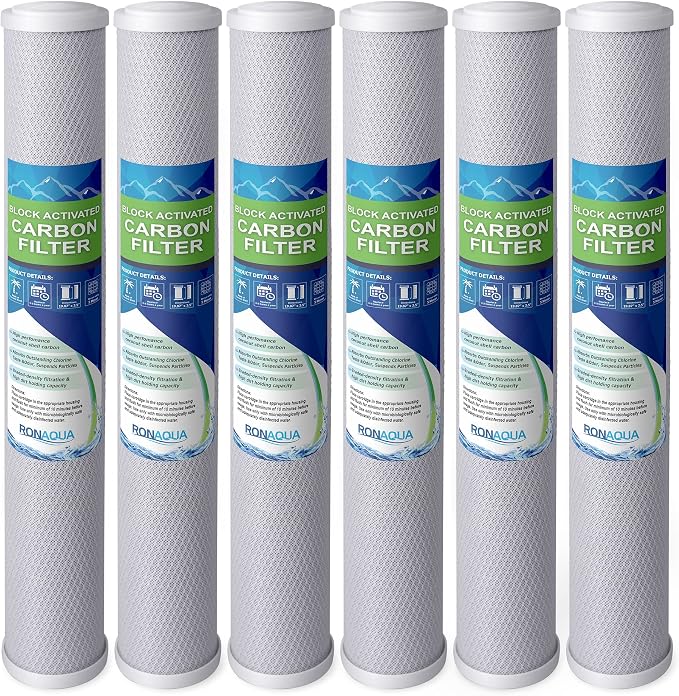 Standard Whole House Coconut Shell Carbon Block 5 Micron Water Filter 20” x 2.5” Fits 20” x 2.5” Housings. Remove Chlorine and Bad Odor. Compatible with C1-20, HX-CB-25-2010, F3WCB32 Pack of 6