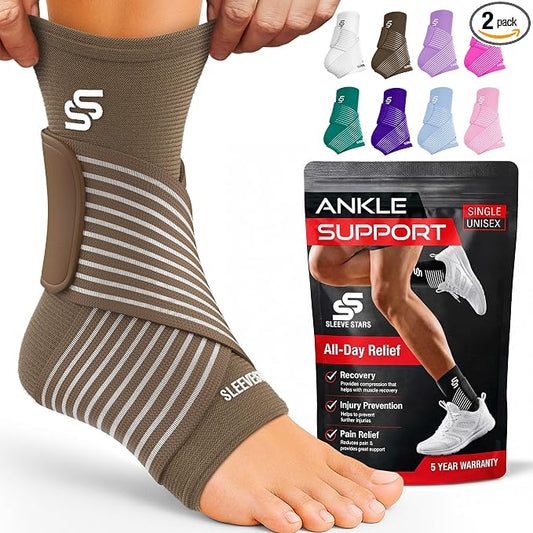 Sleeve Stars Ankle Brace for Women & Men, Ankle Wrap for Sprain, Compression Sleeve for Plantar Fasciitis Relief, Easy Customizable Support: w/ Removable Strap (Pair/M:10"-12"/Mocha Brown)