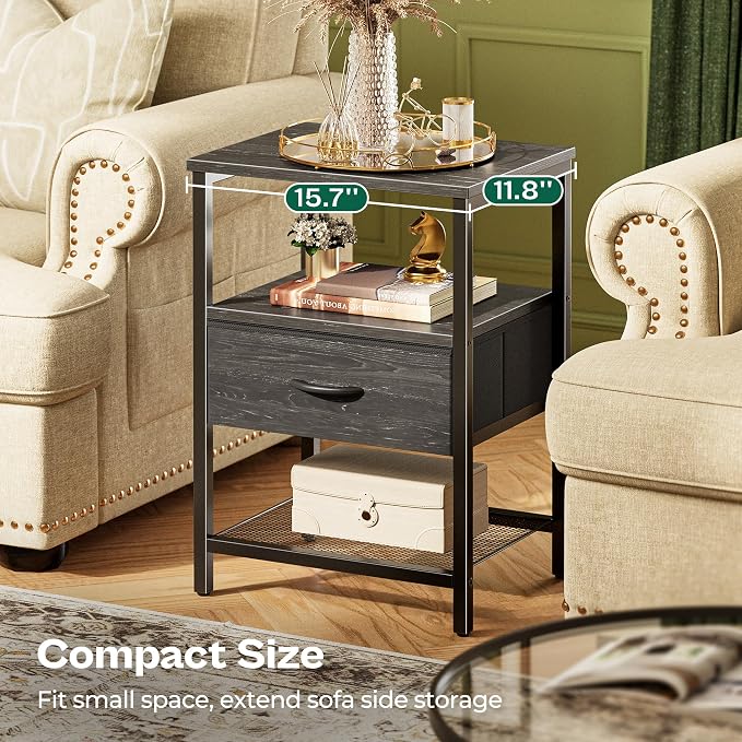 Huuger Nightstand Set of 2, Night Stand with Fabric Drawer, Mesh Shelf, Side Table with Storage, Fabric Drawer Dresser, Open Shelf, Metal Frame, Bedroom, Charcoal Black Wood Grain Print