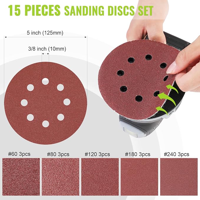 WORKPRO 5-Inch Cordless Random Orbital Sander, 20V Brushless Electric Orbit Sander, 6 Variable Speeds 6000-12000 RPM, Palm Sander with Battery, Dust Collector, 15 PCS Sanding Discs for Woodworking
