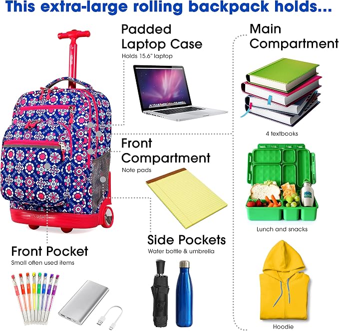 J World Sundance Laptop Rolling Backpack for Girls Boys. Roller Bookbag with Wheels, 20 Inch, Trinket