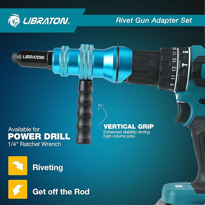 Libraton Rivet Gun Adapter, Rivet Gun Adapter for Electric Drill, Rivet Drill Attachment, for Cordless Electric Power Drill, with Handle, Easy processing for Pop Rivets, 3/32" 1/8" 5/32" 3/16"