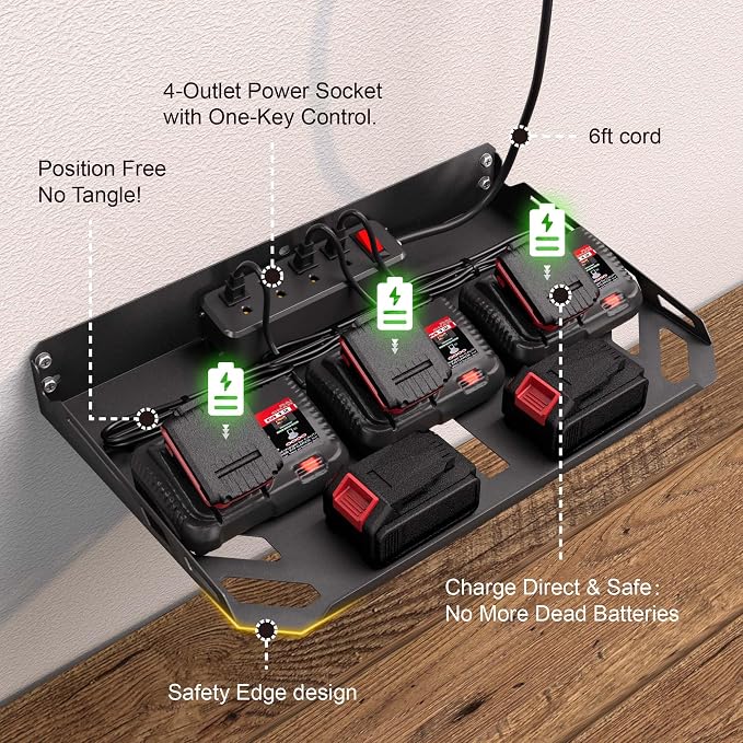 Christmas Gift for Men - End His Garage Clutter | Red Power Tool Organizer Wall Mount with Charging Station | All-in-One 3-Tier Heavy Duty Tool Rack with 420lb Capacity for Dad, Husband, DIYers