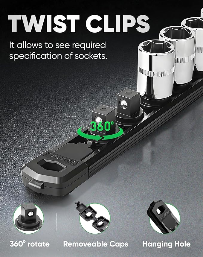 ALOANES Magnetic Socket Organizer Set, 3-Piece Heavy Duty Aluminum Socket Rails, 360° Swivel Clips Socket Rail Kit for Tool Tray Drawer Fit 3/8-Inch x 42 Clips (Black, 3PC)