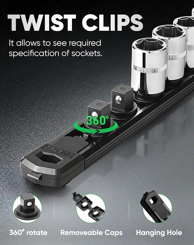 ALOANES Magnetic Socket Organizer Set, 3-Piece Heavy Duty Aluminum Socket Rails, 360° Swivel Clips Socket Rail Kit for Tool Tray Drawer Fit 1/2-Inch x 36 Clips (Black, 3PC)