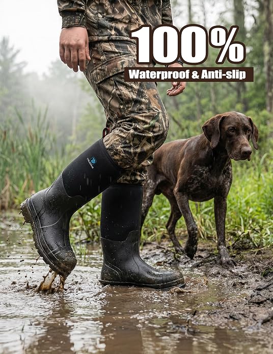 Trudave Rubber Boots for Men, Waterproof Rain Boots with Steel Shank & Reinforced Shell, 5mm Neoprene Insulated Knee Mud Boots for Outdoor Work Hunting Farming Fishing
