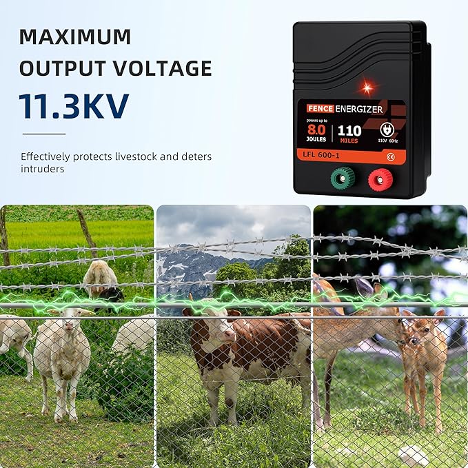 Electric Fence Charger AC Powered 110 Miles, 110 Volt 8 Joule Plug-in Electric Fence Energizer, Output Voltage Max 11.3 KV for Livestock, Preventing Predators from Intruding
