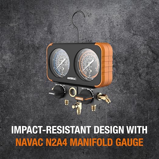 NAVAC N2A4 Manifold Gauge | Class 1.0 Accuracy | Impact-Resistant HVAC Gauge | Aluminum Body and Rubber Cover | Easy-to-Read Analog Display | Folding Hook | 1 Year Warranty